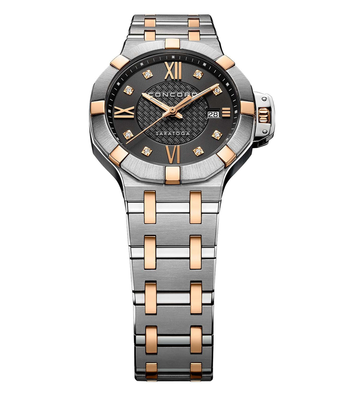 Concord anthracite watch, side view; sleek design with stainless steel accents showcasing elegant craftsmanship.