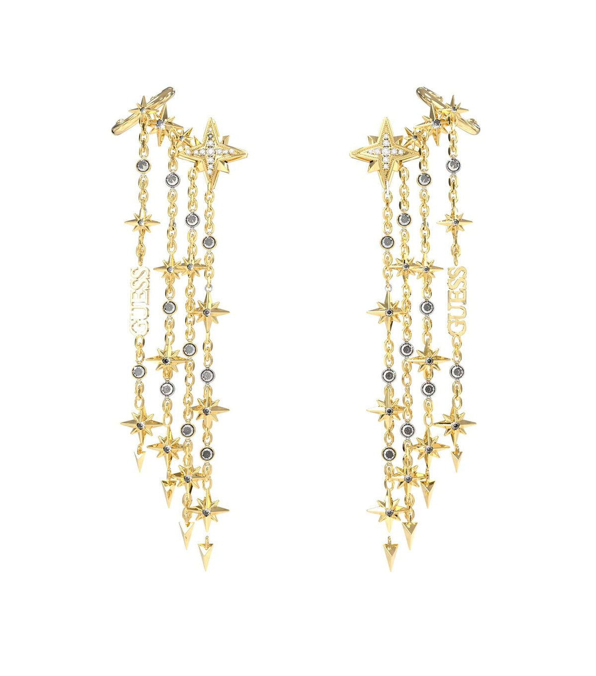 Gold-colored Guess Jewellery earrings with intricate design, one size, angled diagonally, showcasing timeless elegance and style.