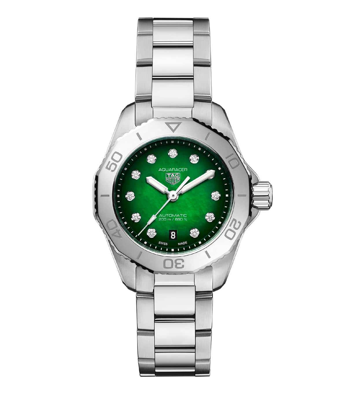 TAG Heuer Aquaracer Steel 30mm Automatic Green Dial Diamond Index Bracelet