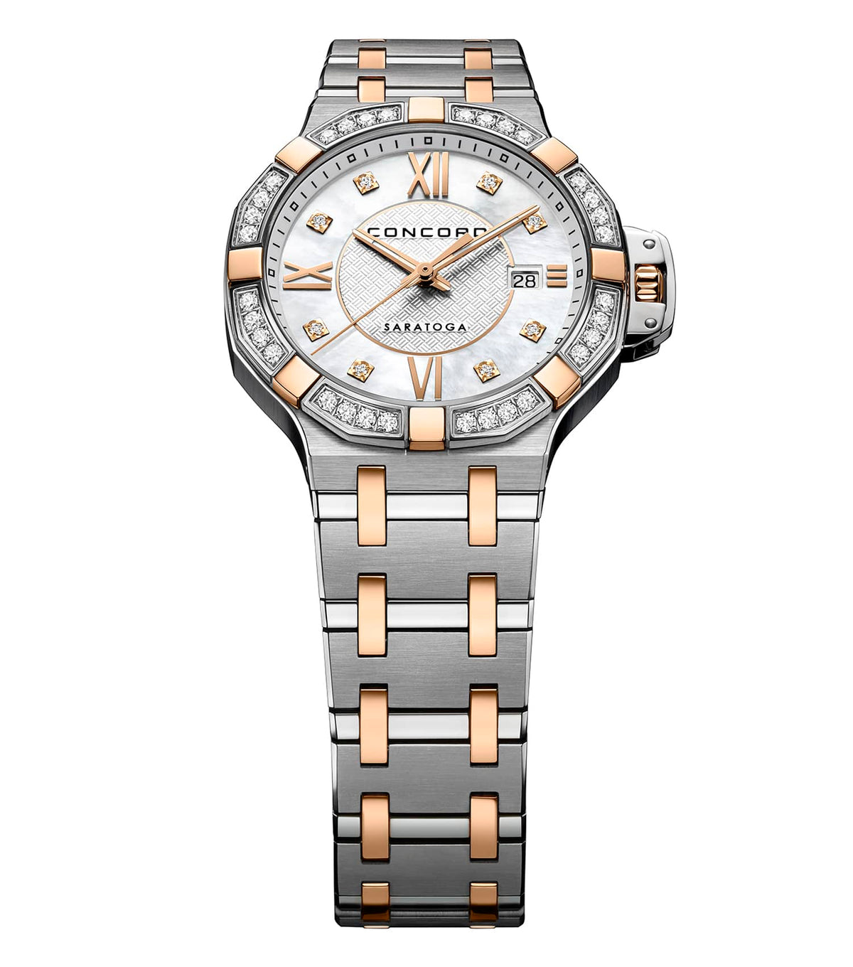 Concord Saratoga Steel and Gold 31mm White Mother-of-Pearl Diamond Index Dial Diamond Bezel Quartz