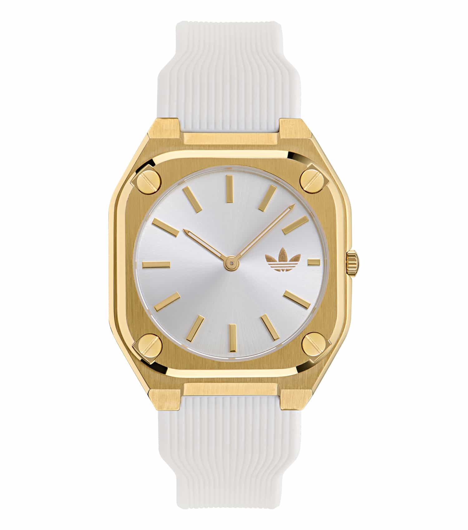 adidas quartz watch in a soft, minimalist design with beige color, displayed at a front angle, highlighting sleek style and function