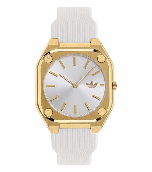 adidas quartz watch in a soft, minimalist design with beige color, displayed at a front angle, highlighting sleek style and function