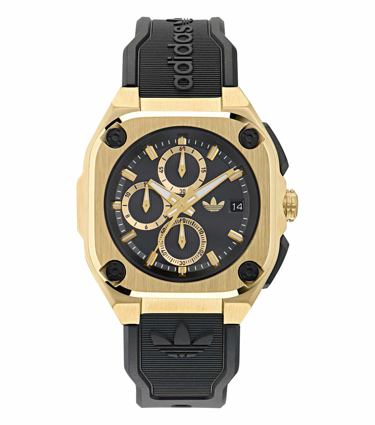 Adidas wristwatch in vivid orange from three-color collection, side view, featuring sleek design and easygoing flow.