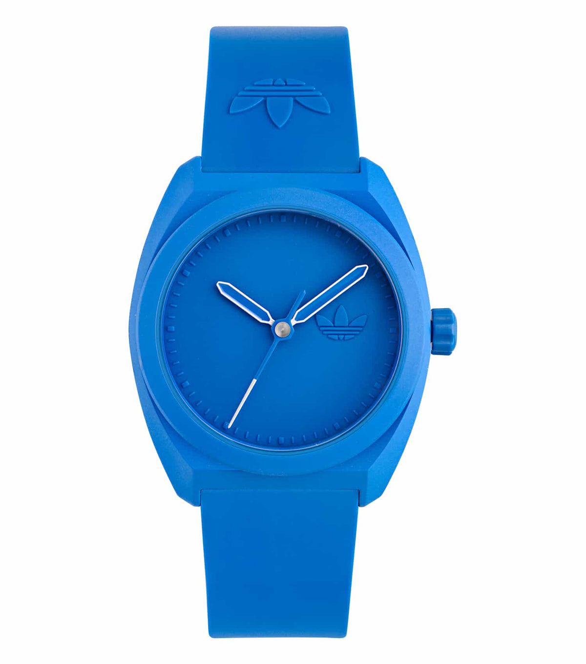 Adidas blue watch with round dial, silver accents, and sporty elegance, displayed at a 45-degree angle against a white background.