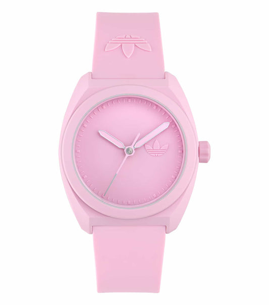 Adidas pink watch with rose-gold accents, side angle view, sleek design, passion for precise timekeeping and trendy fashion.
