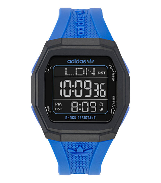 adidas watch, elegant black dial with minimalistic gold accents, side profile view, showcases sleek design and premium quality
