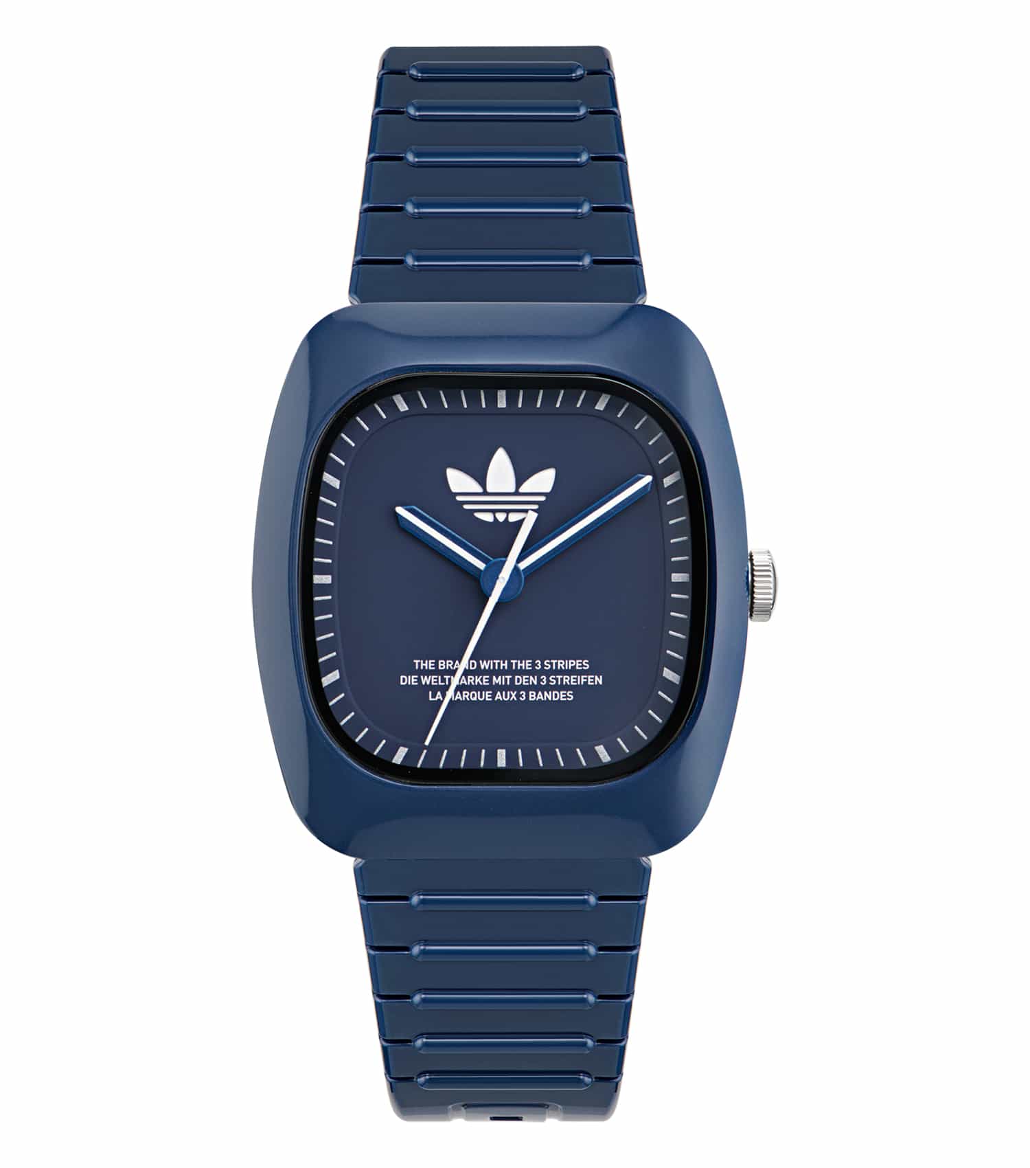 Adidas blue watch at an elevated angle, showcasing its sleek design; perfect blend of style and function for watch enthusiasts.