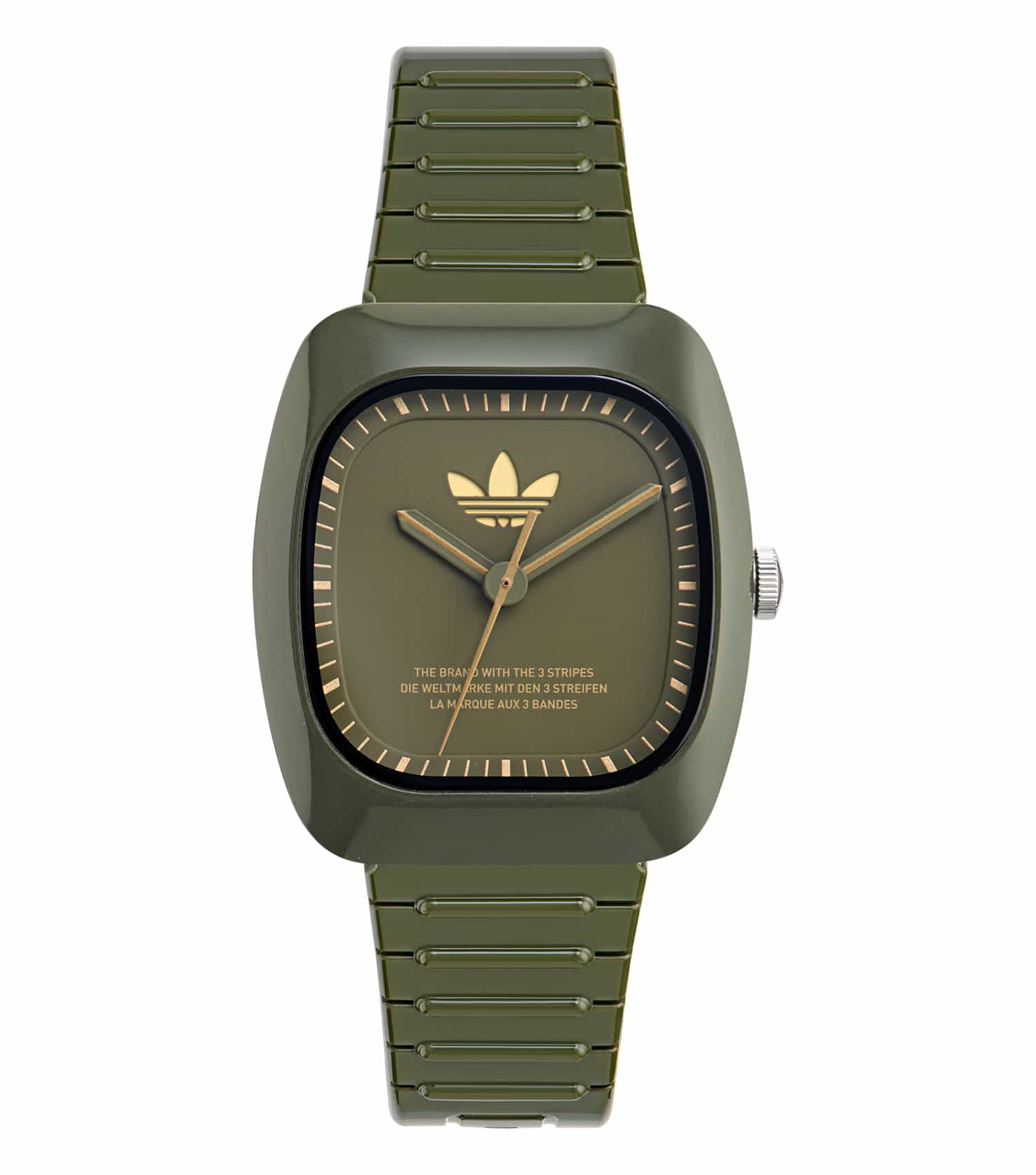 Adidas green watch with minimalist design, angled at 37 degrees, showcases a sleek round face and durable strap for everyday elegance.