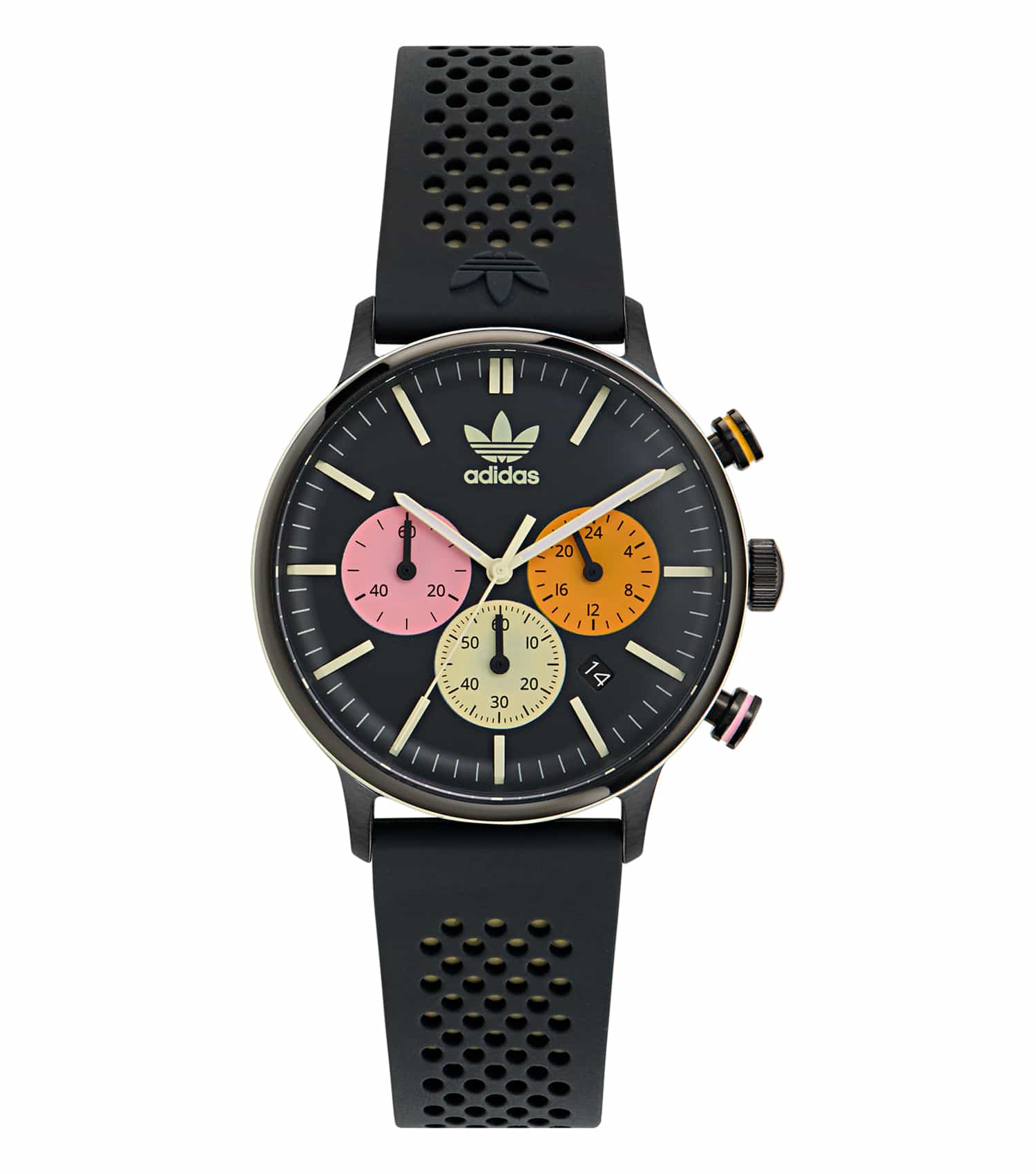 adidas Watch, One Chrono, vibrant color tone at a dynamic 40-degree angle, showcasing sleek design with sporty elegance