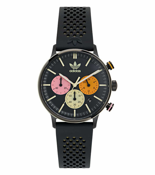 adidas Watch, One Chrono, vibrant color tone at a dynamic 40-degree angle, showcasing sleek design with sporty elegance