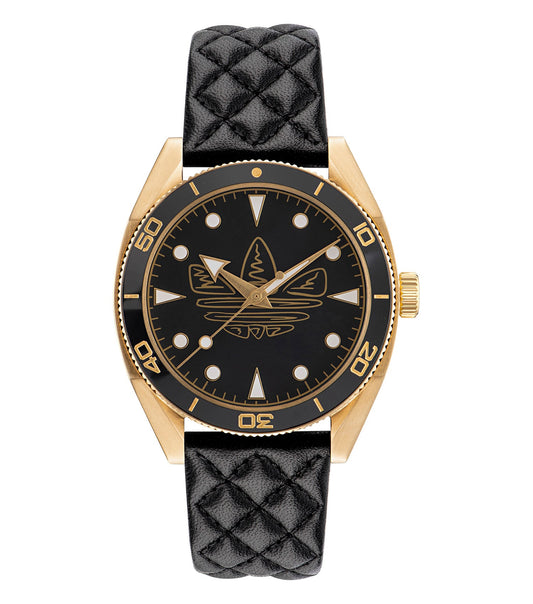 Adidas black watch, side view showcasing sleek design and textured strap, highlighting vibrant yellow accents and minimalist dial.