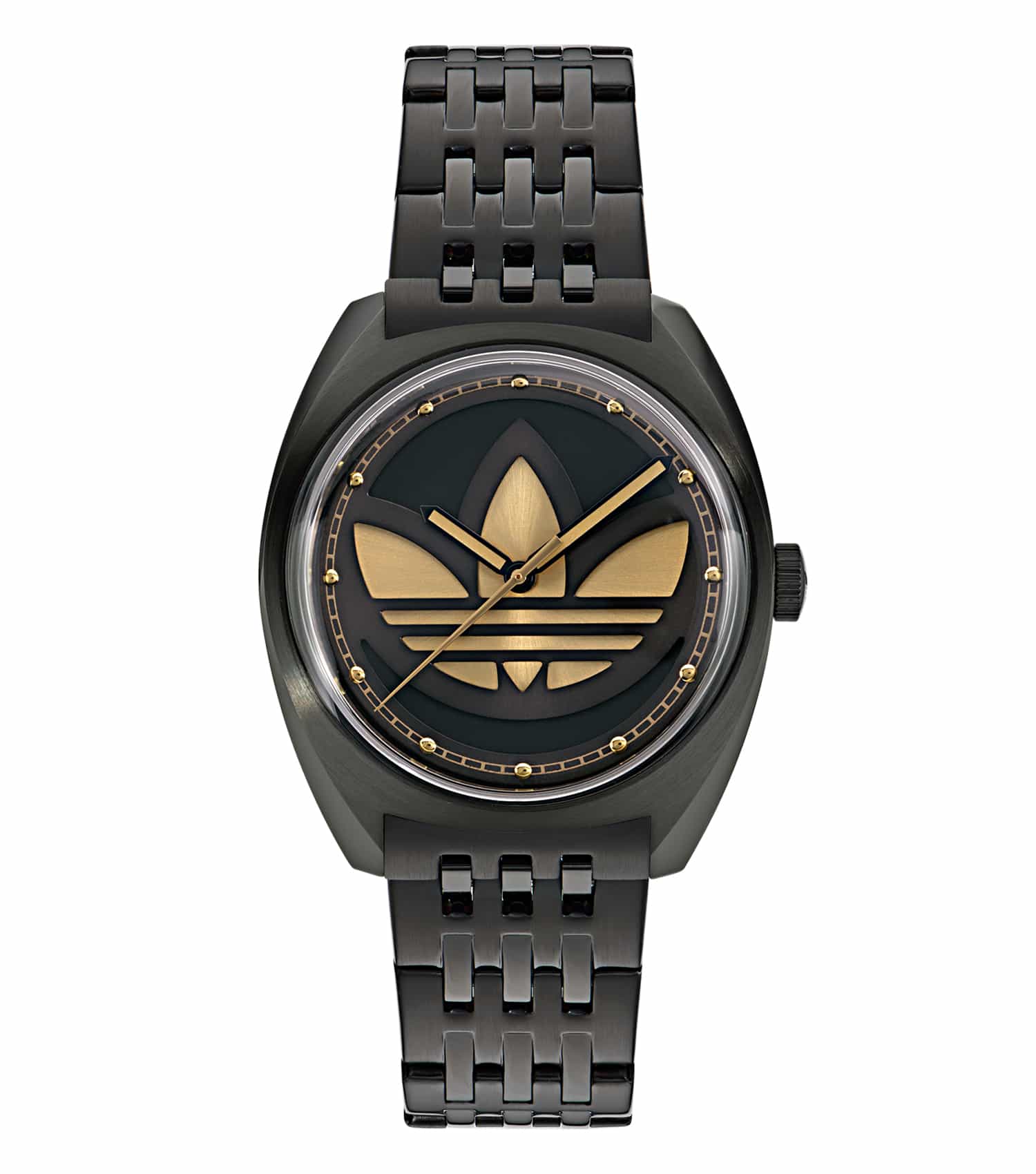 Adidas black watch at a 39-degree angle, showcasing sleek design and durable strap, embodying sporty elegance and functionality.