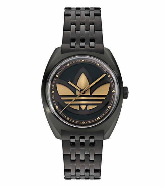 Adidas black watch at a 39-degree angle, showcasing sleek design and durable strap, embodying sporty elegance and functionality.
