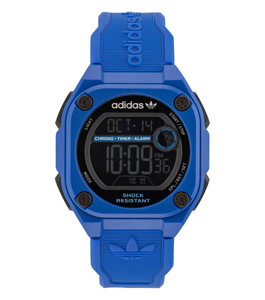 Adidas two-tone watch with a sleek black and silver design, displayed at a subtle side angle, highlighting its stylish and modern aesthetics.