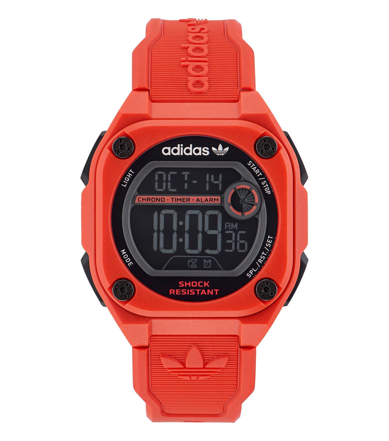 Adidas black watch with bold face and sleek strap, front angle view showcasing minimalist design and modern style.