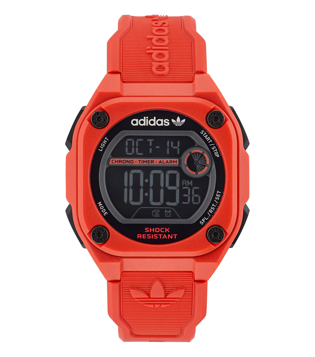 Adidas black watch with bold face and sleek strap, front angle view showcasing minimalist design and modern style.