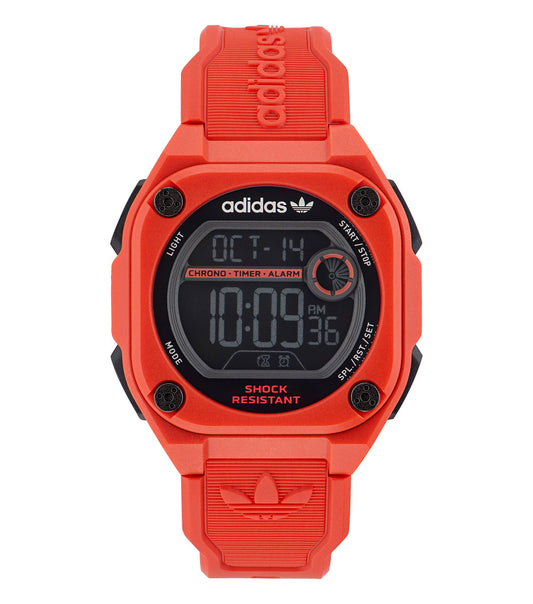 Adidas black watch with bold face and sleek strap, front angle view showcasing minimalist design and modern style.