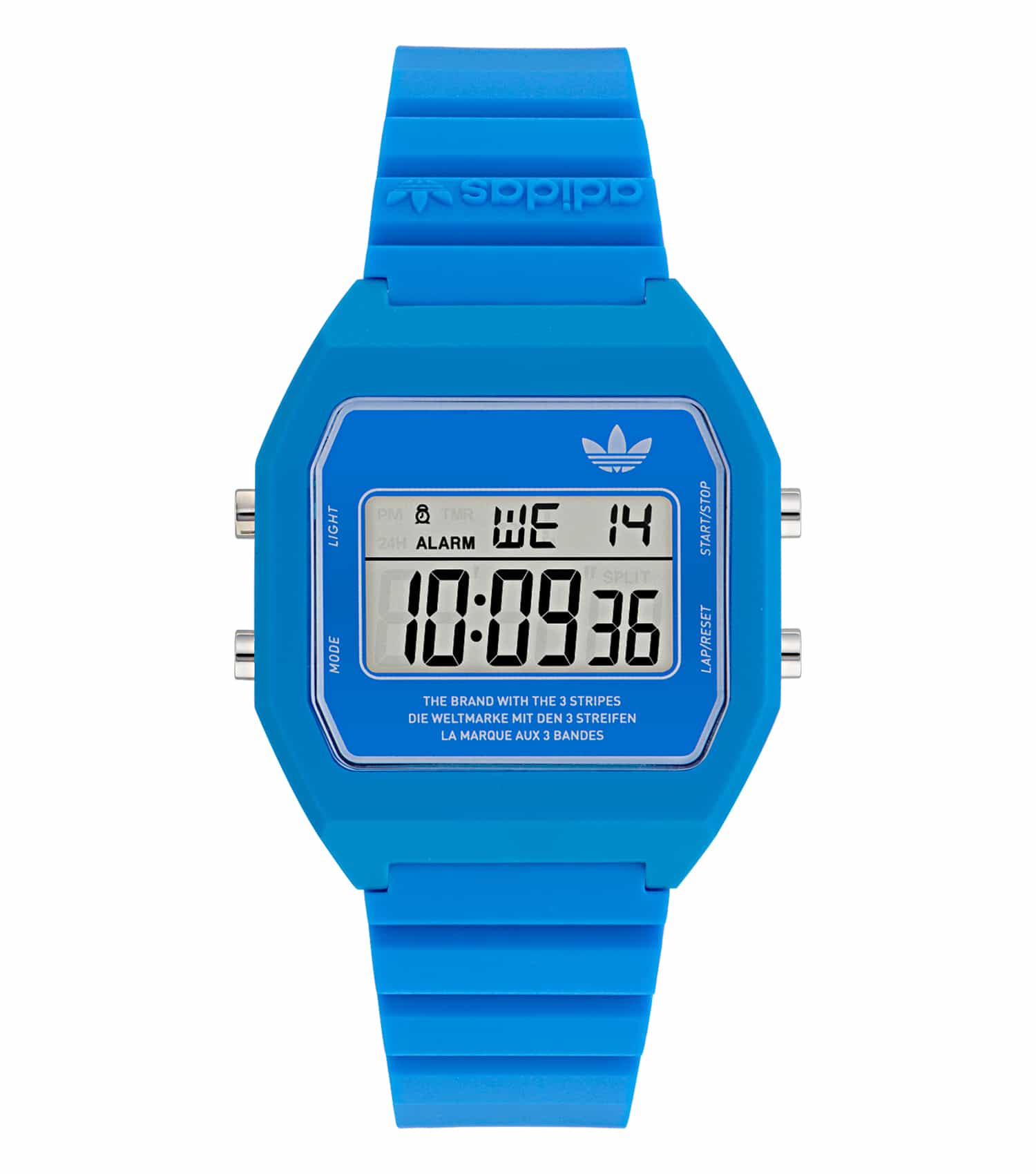 Adidas digital watch in black, showcasing the front angle view with its sleek design and precise time display, ideal for enthusiasts.