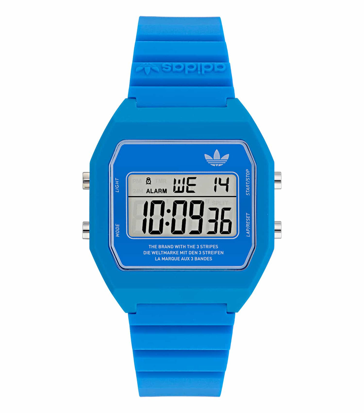 Adidas digital watch in black, showcasing the front angle view with its sleek design and precise time display, ideal for enthusiasts.