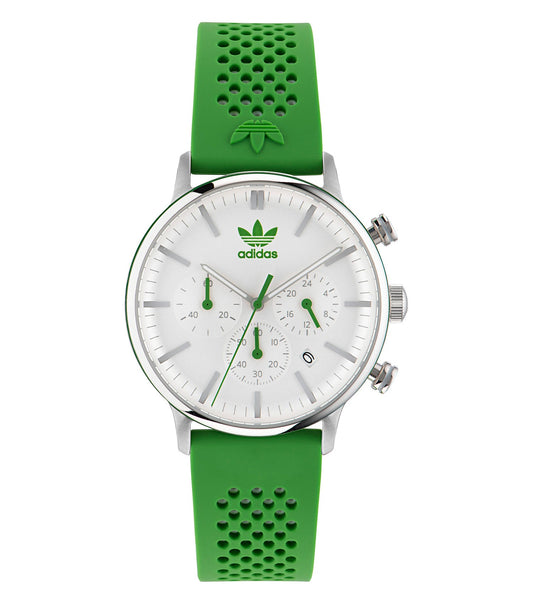 Adidas green watch viewed from a 40-degree angle showcasing its sleek design, durable strap, and vibrant dial color.