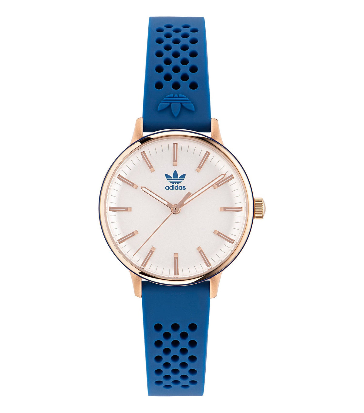 Adidas blue watch showcasing a round face and metallic strap, angled slightly from the front, with a sleek design and elegant finish.