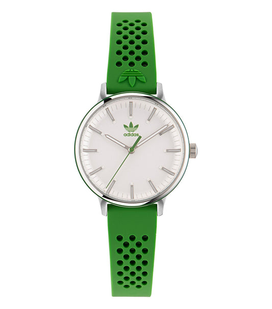 Adidas green smartwatch, side angle view, featuring sleek design highlighting innovative technology and sporty elegance.