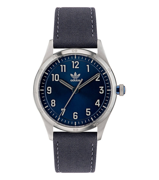 Blue adidas watch with minimalist design on display, showcasing an easygoing flow from a 45-degree angle; perfect for sports enthusiasts.