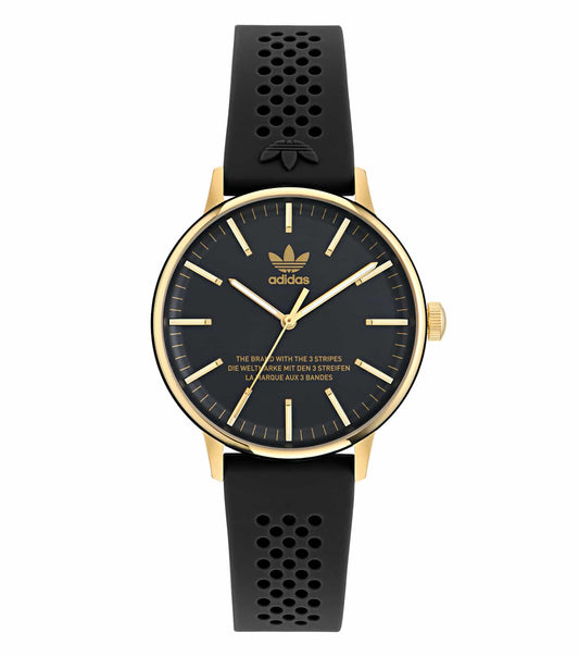 Adidas quartz watch with a gray dial and black accents, angled from the right, showcasing an elegant minimalist design.