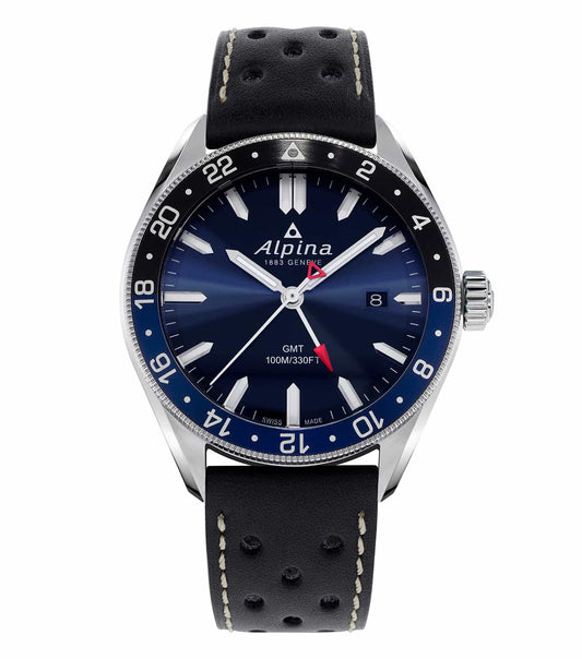 Alpina blue watch, 42mm, at an angle highlighting its sophisticated design and detailed craftsmanship, perfect for enthusiasts.