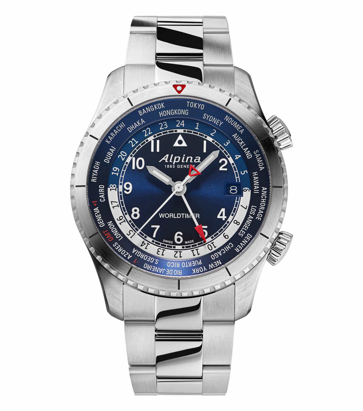 Silver Alpina watch with a sleek design, 41MM dial, and stainless steel bracelet; side angle view showcasing elegant craftsmanship.