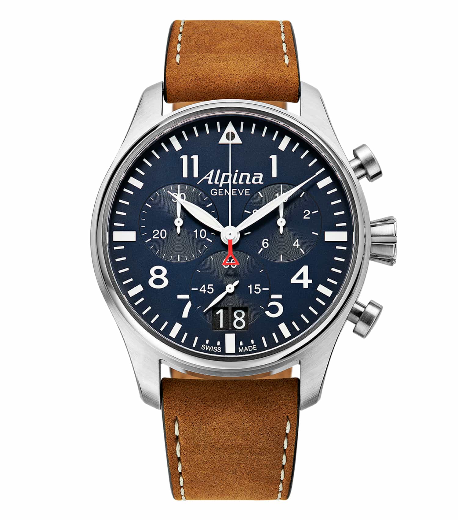 Alpina Quartz Chronograph in brown leather strap, top-down view, shines with elegance and precision timekeeping clarity.