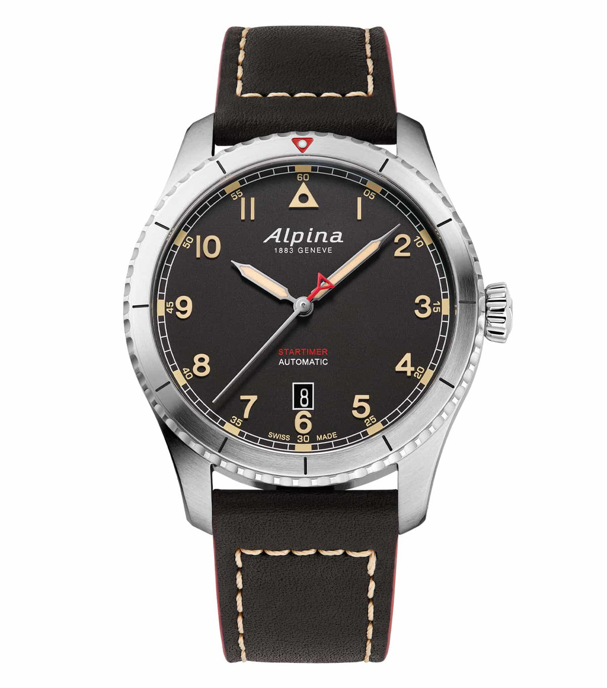 Alpina men's black watch, 41mm face, close-up with stylish black leather strap, elegant design, side view angle.