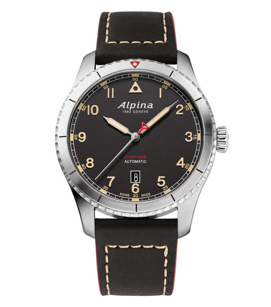 Alpina men's black watch, 41mm face, close-up with stylish black leather strap, elegant design, side view angle.
