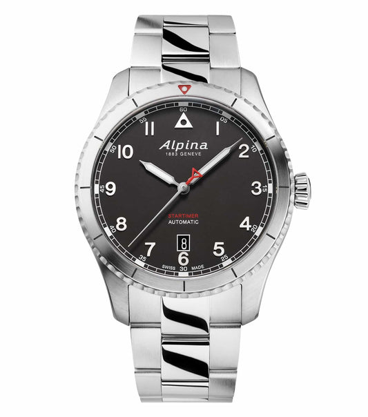 Sleek black Alpina watch, 41mm, front-facing angle showcasing detailed dial, luxurious design, and robust craftsmanship.
