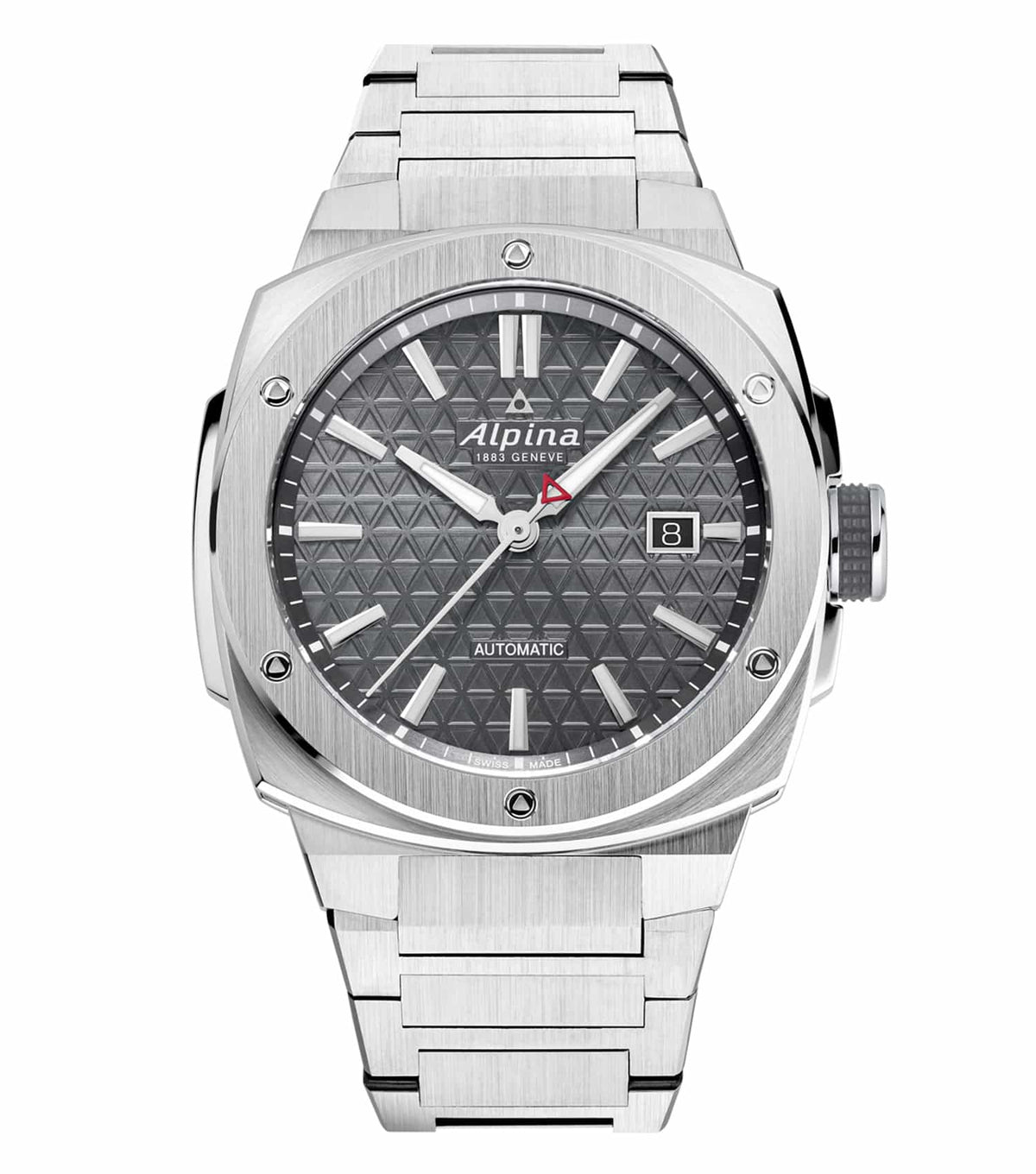 A sleek Alpina watch in grey, shown at a slightly tilted angle, highlighting its sophisticated design and craftsmanship.