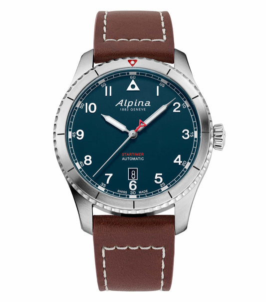 Alpina blue watch angled left with leather strap and classic dial; a blend of elegance and precision in timekeeping.