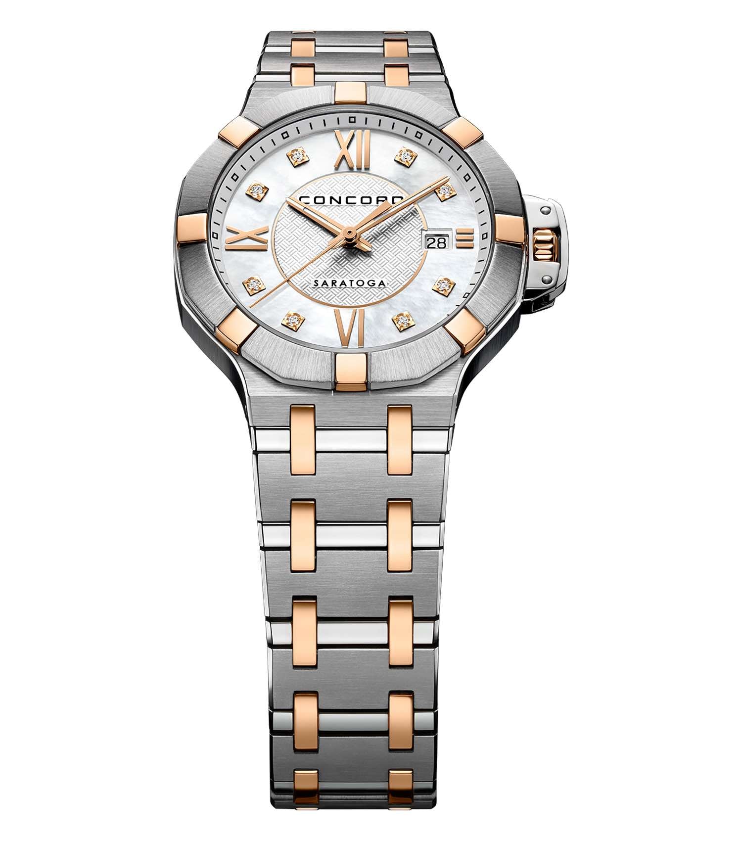 Elegant Concord watch in sleek white, showcasing a detailed close-up angle, emphasizing its luxurious design and craftsmanship.