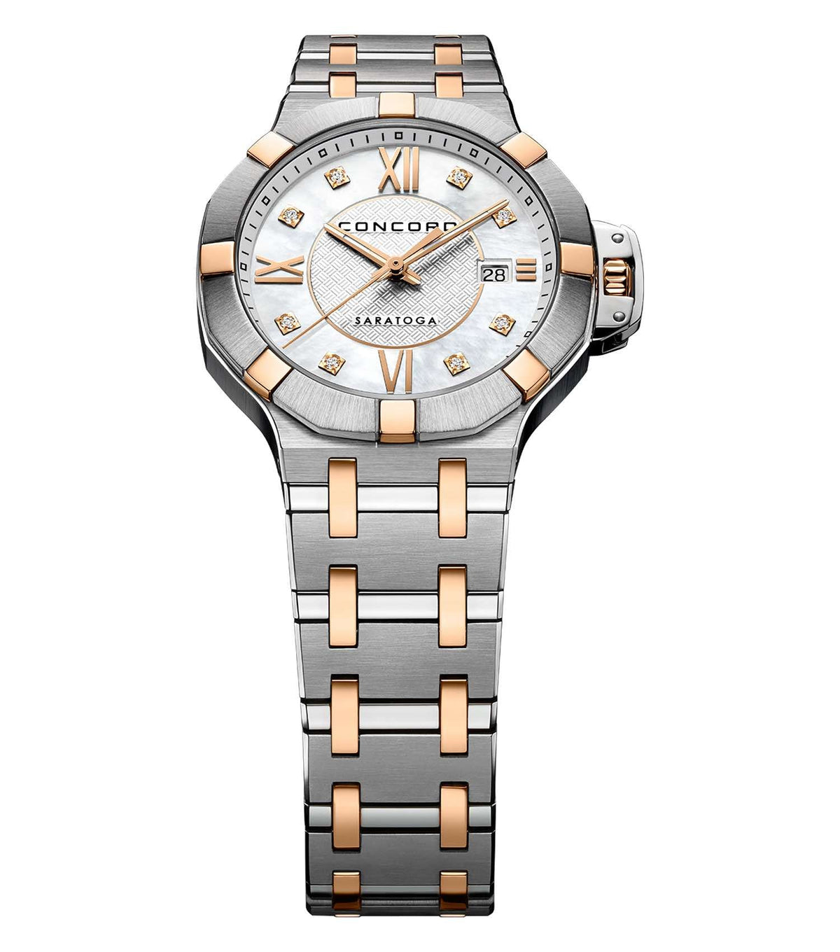 Elegant Concord watch in sleek white, showcasing a detailed close-up angle, emphasizing its luxurious design and craftsmanship.