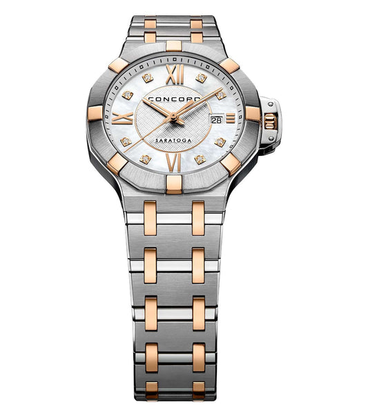 Elegant Concord watch in sleek white, showcasing a detailed close-up angle, emphasizing its luxurious design and craftsmanship.