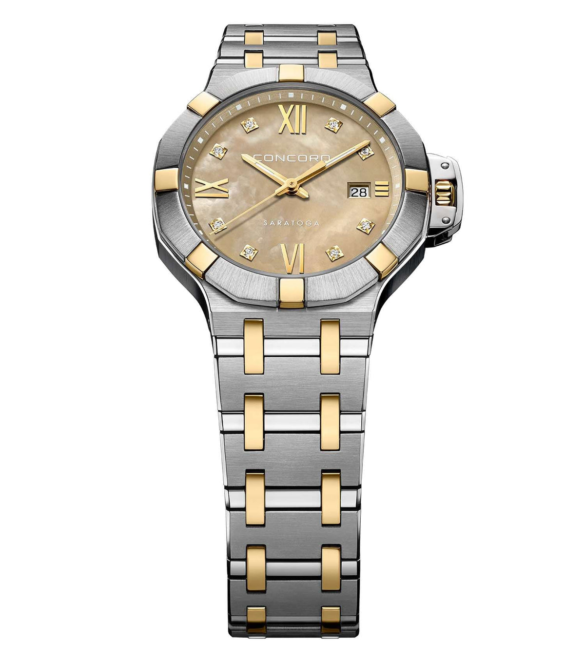Concord beige watch, elegant design with two-tone accents, viewed from a slightly tilted angle, exudes timeless sophistication.