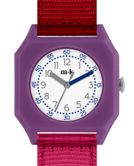 Mini Kyomo Coral Reef watch with vibrant blue strap at a front angle, featuring colorful playful design and easygoing vibe.
