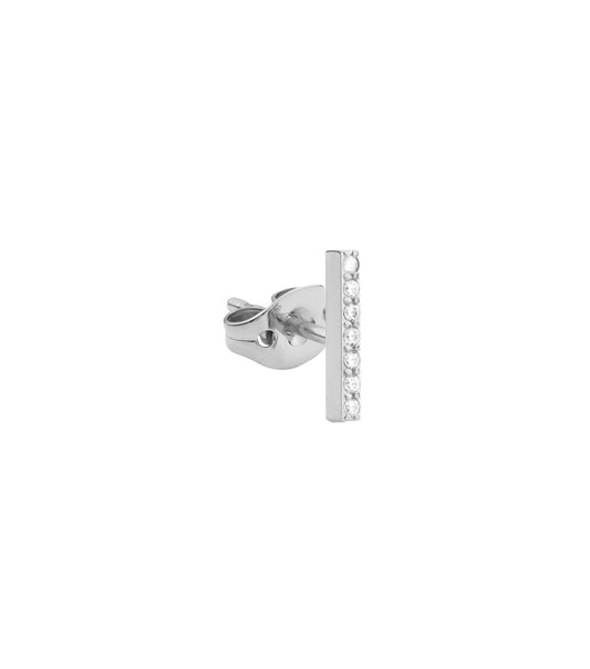 Daniel Wellington earring in sparkling crystal color, close-up view from a side angle, showcasing elegant minimalist design.