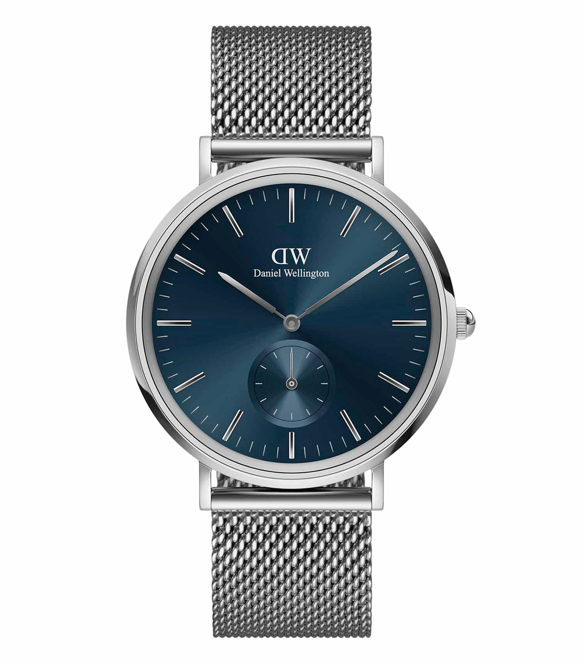 Daniel Wellington watch with black multi-eye dial, silver-tone case, and mesh strap; side-angle view showcasing sleek design.