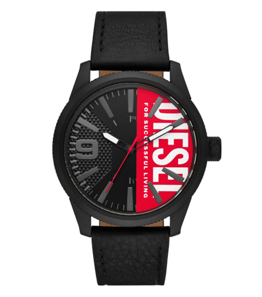 Diesel watch in unique rasp color showcased at a 45-degree angle, featuring a bold round face and intricate strap design, perfect for trendsetters.
