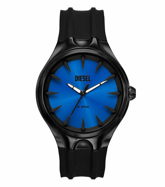 Stylish blue Diesel watch viewed at a slight angle, showcasing a sleek design with chronograph dials and a bold brand logo.