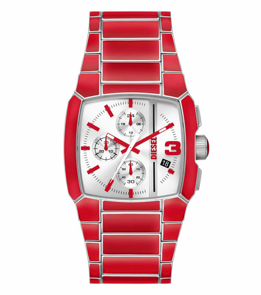 Diesel watch in Cliffhanger color, showcasing a bold design; angled image capturing the front face, heavy-duty style, and robust strap.
