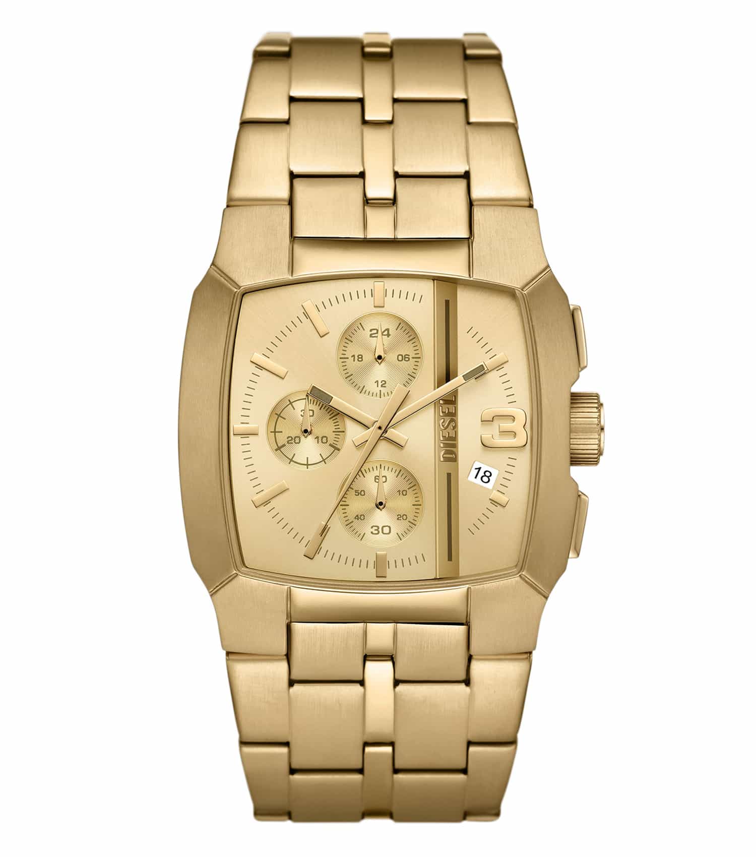 Diesel Cliffhanger watch, sleek gold tone, front angle, showcasing distinctive dial design and stylish leather strap.