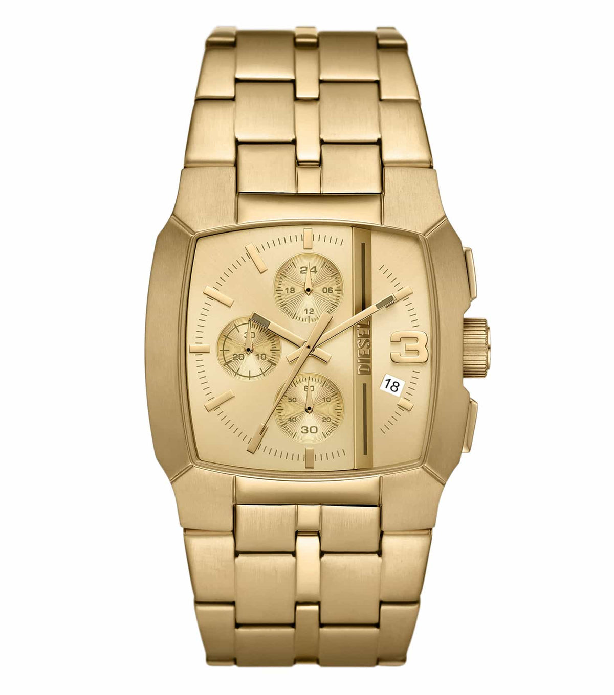 Diesel Cliffhanger watch, sleek gold tone, front angle, showcasing distinctive dial design and stylish leather strap.