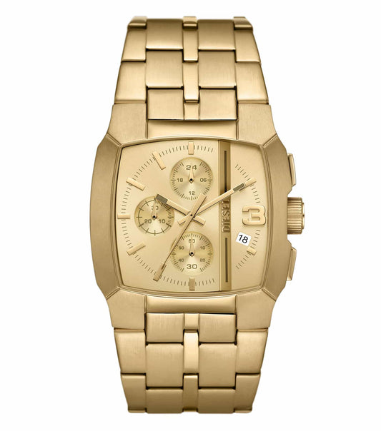 Diesel Cliffhanger watch, sleek gold tone, front angle, showcasing distinctive dial design and stylish leather strap.