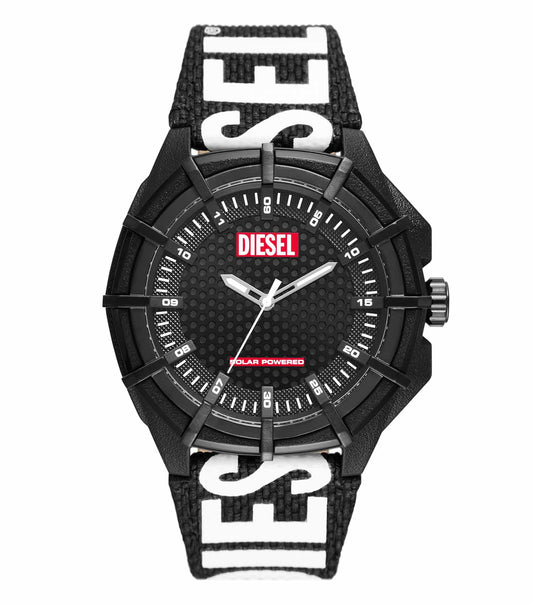 Diesel watch in 51mm, featuring monochrome design with a front-facing angle; highlighting the bold, modern-industrial aesthetic.